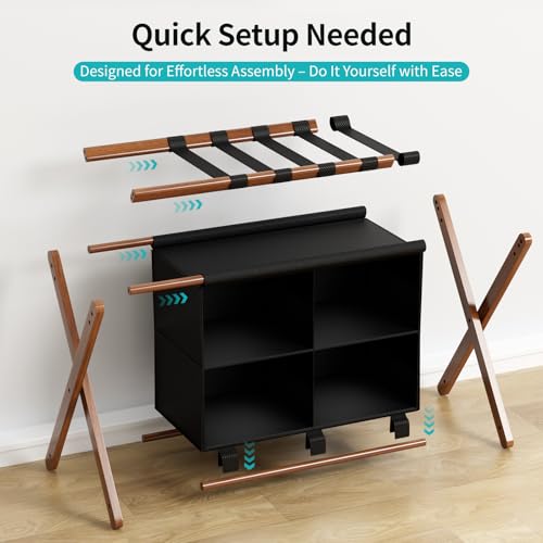 Walnut Bamboo Luggage Rack 2 Pack with 4 Storage Compartments, Foldable Suitcase Stand