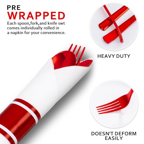 Joyido Red Classic Heavy Duty Pre Rolled Plastic Silverware Set 400PCS for Weddings