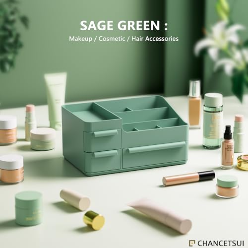 Green Makeup Organizer with Drawers and Brush Holders for Vanity