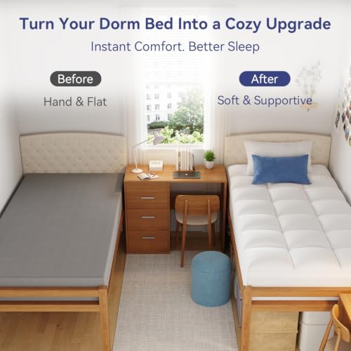 ELEMUSE Twin XL Mattress Topper White Thick Pillow Top Bed Pad for Dorm Bed