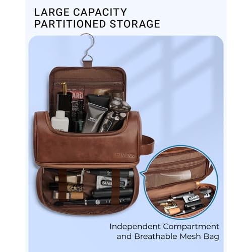 Elviros Toiletry Bag for Mens PU Leather Travel Organizer Kit with Hanging hook, Large Water-resistant Toiletries Bathroom Shaving Bags (Extra Large, Dark Brown)