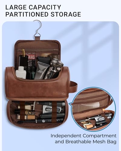 Elviros Men's PU Leather Toiletry Bag Large Dark Brown Travel Organizer