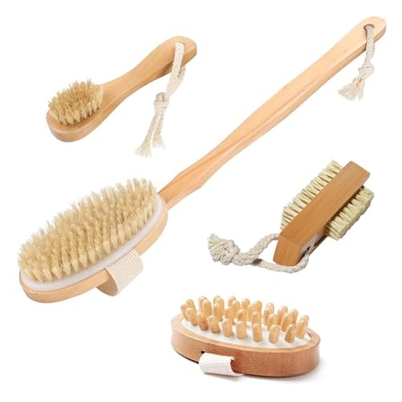 4-in-1 Exfoliating Body Scrubbers - Shower Back Brush for Women, Bristle Bamboo Brushes for Men, Dry Brushing for Lymphatic Drainage, Bath Long Handled Scrub, Cleansing Face Exfoliator, Nail Scrubber