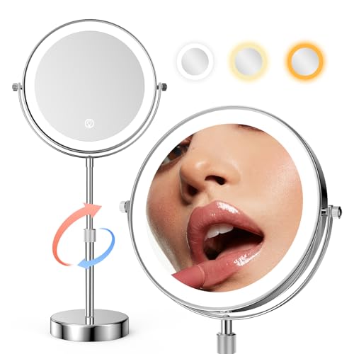 Lighted Makeup Mirror with 10X Magnification, Adjustable Height & Touch Dimming