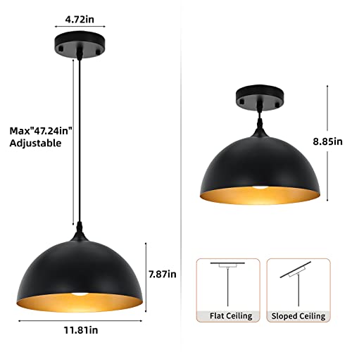 Farmhouse Pendant Lighting for Kitchen Island 2 Pack Black Metal Dome Light Fixture - 11.8 Inch Ceiling Variation