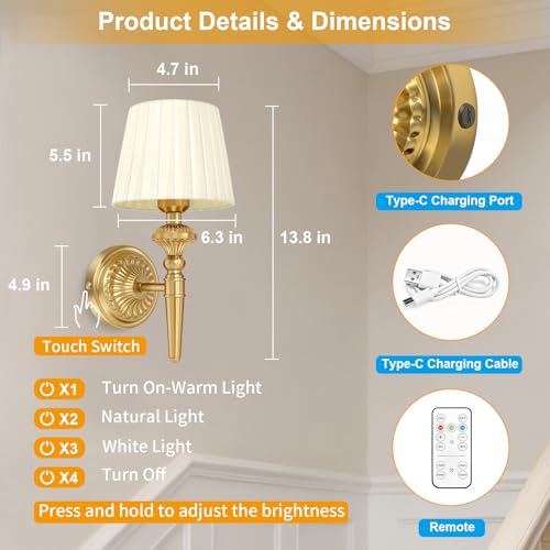Wireless Vintage Wall Sconce Set of 2 - Gold & Beige Rechargeable Battery Lamps