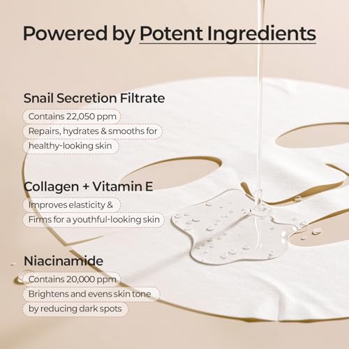 MOTHER MADE Glowing Glass Skin Hydrating Snail Deep Collagen Face Masks Set of 20 EA, with Niacinamide 2%, Vitamin E, Facial Mask for Dry, Sensitive Skin, Self Care, Korean Skincare