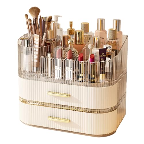 Makeup Organizer with 360 Rotating Brush Holder and Stackable Drawers, Cosmetic Display Case for Vanity, Bathroom Countertop (White, 3 Layer)