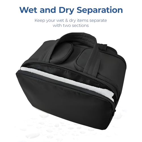 Large Waterproof Cosmetic Travel Bag with Wet Dry Compartments - Black