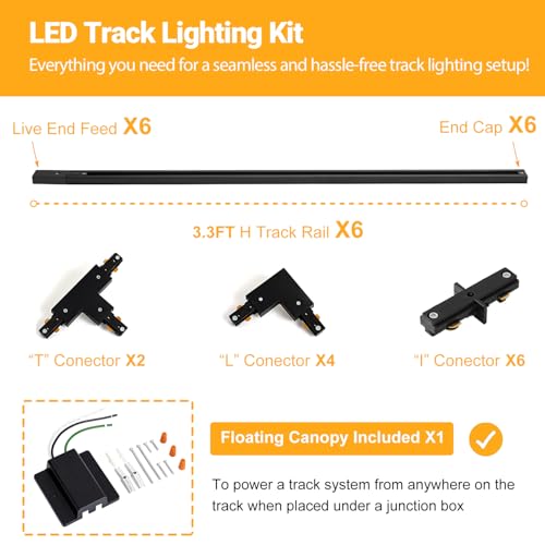 20FT H Track Lighting Rails Kit - Black, Includes Connectors & End Caps
