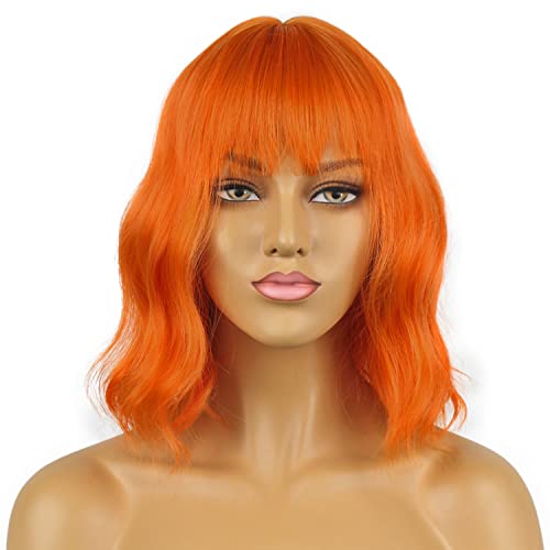 LANICE Short Wavy Cosplay Wigs with Bangs - Orange, 12 Inch Synthetic Hair for Women