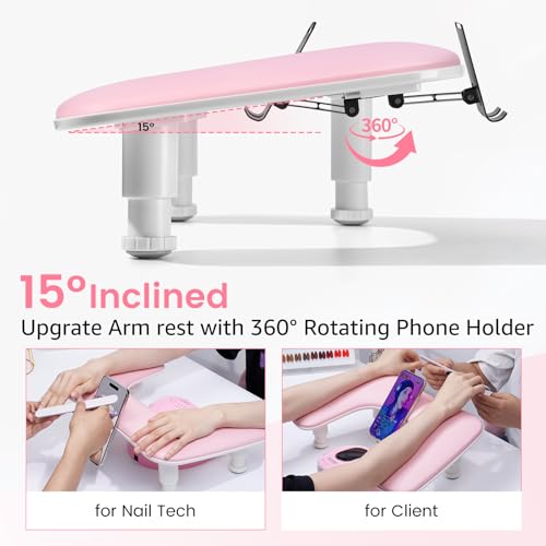 Arm Rest for Nails Tech: 3rd Generation Manicure Nail Arm Rest with Rotating Phone Stand, U-Shaped Height Adjustable Hand Rest Pillow for Acrylic Nails Pink