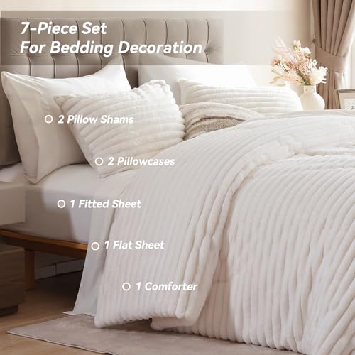 Queen Comforter Set Cream White 7-Piece Bed in a Bag Fluffy Bedding