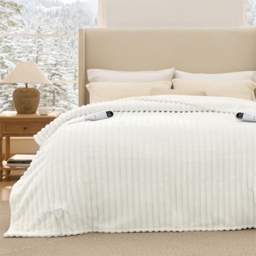 Queen Size Electric Blanket with Dual Control - White, 6 Heat & Timer Settings - Bedsure
