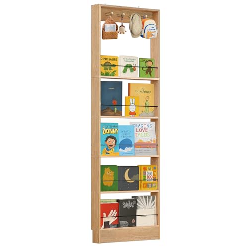 Kids Wooden Behind Door Bookshelf - 5-Tier Oak Storage with Hooks 23.6''L