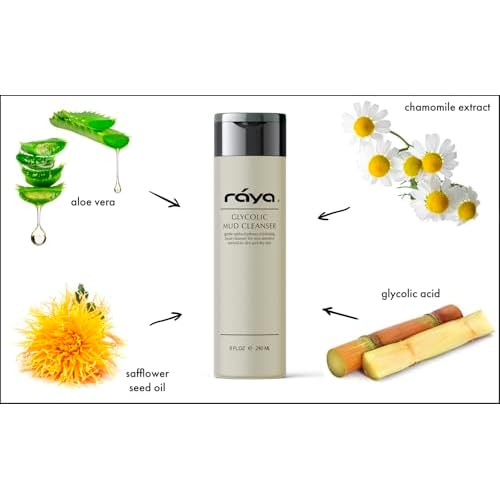 Raya Glycolic Mud Facial Cleanser with AHA 8 oz (G-103) | Exfoliating pH Balanced Facial Cleansing Fluid for Non Sensitive, Dry and Combination Skin | Made with Alpha Hydroxy Acid and Volcanic Mud