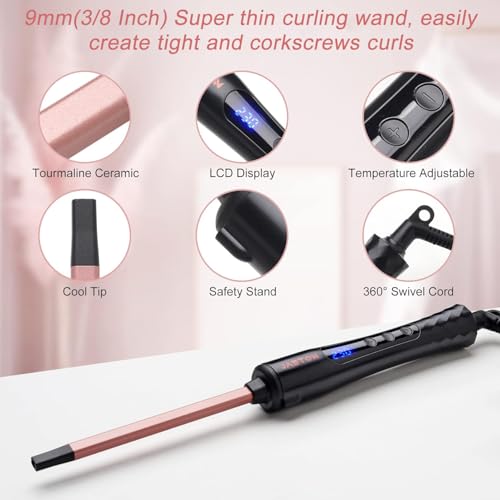 JAETON 3/8 Inch Ceramic Curling Iron for Tight Curls, 9mm Travel Hair Wand