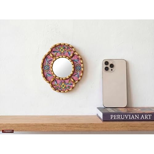 Peruvian Mirror Wall - Handmade Reverse Painted Glass Art - Elegant Miniature Oval Mirror for Gallery Wall - Unique 6" x 5.1" (Pink)