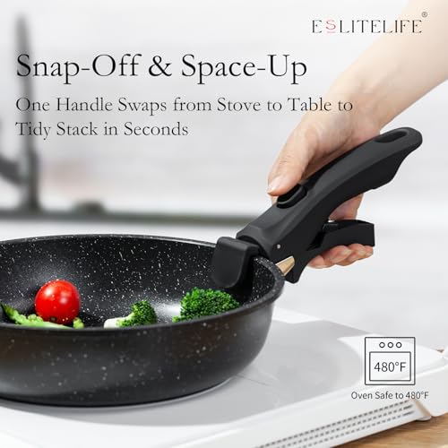 ESLITE LIFE 7-Piece Nonstick Skillet Set with Detachable Handles - Black, 8/9.5/11 Inch