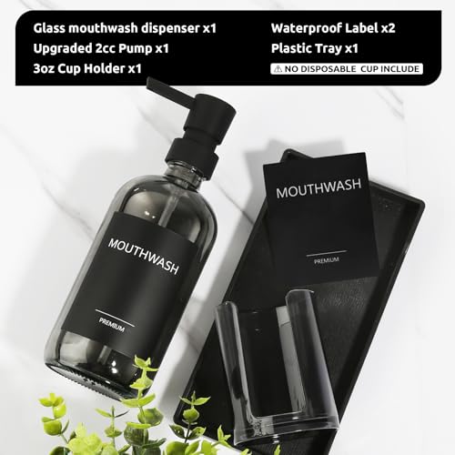 Mouthwash Dispenser for Bathroom, Glass Mouth Wash Pump Dispenser with Cup Holder, 17 Fl Oz Mouthwash Bottle Decanter with Tray, Refillable Mouthwash Dispenser Container (Clear Black)
