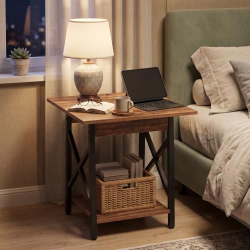 GreenForest Walnut 24 Inch Square End Table with X-Frame & Large 2-Tier Storage