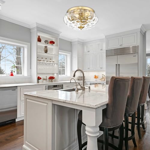 Large Gold Flush Mount Ceiling Light with Water Ripple Glass Shade, 13.38 Inch