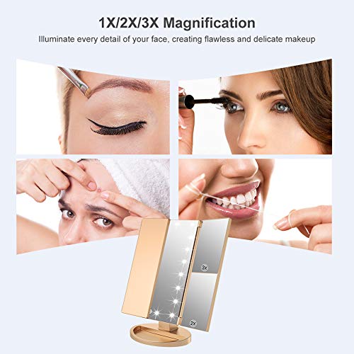 WEILY Gold Makeup Mirror with 21 LED Lights, 2X/3X Magnification, Tri-Fold, 180° Rotation, USB/Battery Power - 3.2"L x 7.5"W