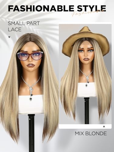 Long Straight Synthetic Wig 26 Inches - Mix Blonde, Heat-Resistant for Women
