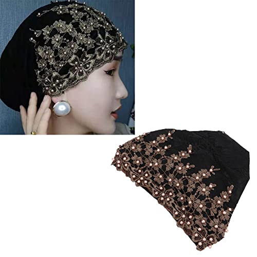 Black Turban Head Wrap for Women, Vintage Embroidered Muslim Style, Pre-Tied Lace & Fleece Hat
