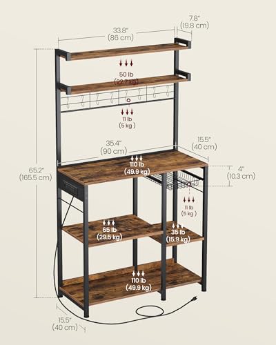 VASAGLE Rustic Brown Microwave Stand with Power Outlet, 35.4" Baker's Rack with Wire Basket & 8 Hooks