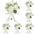 White-2 Set of 6 Bridesmaid Bouquets for Wedding - Ivory Silk Roses & Green Eucalyptus