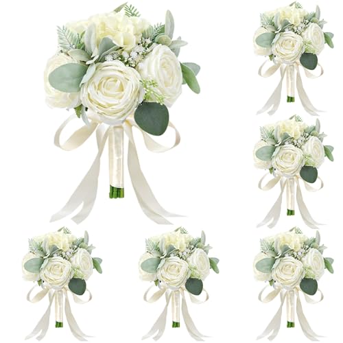 White-2 Set of 6 Bridesmaid Bouquets for Wedding - Ivory Silk Roses & Green Eucalyptus