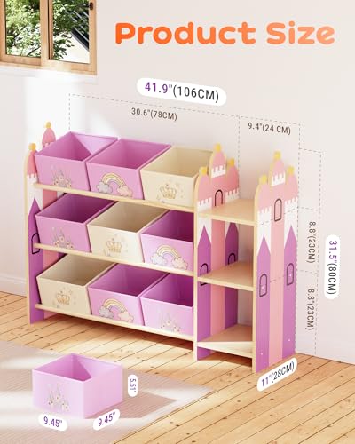Toy Storage Organizer with 3 Shelves and 9 Bins - Pink Castle Theme