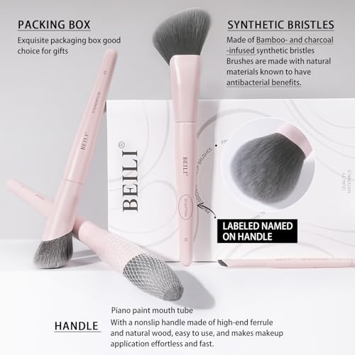 Pink Professional Makeup Brush Set - 12 Dense Synthetic Face & Eye Brushes with Elegant Storage