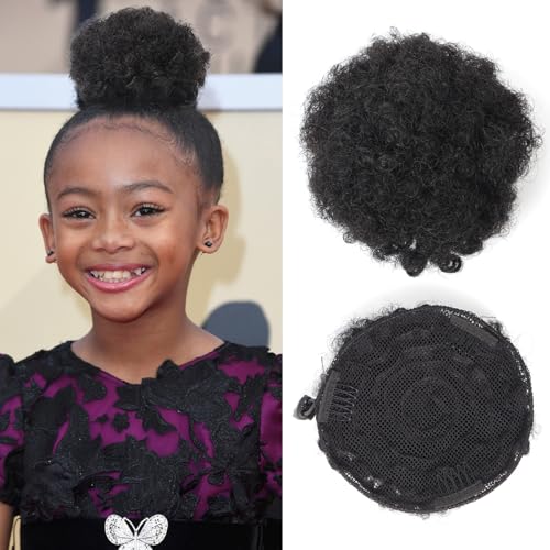 TANJET 6in Natural Black Afro Puff Ponytail for Black Women - Human Hair Drawstring Clip-in
