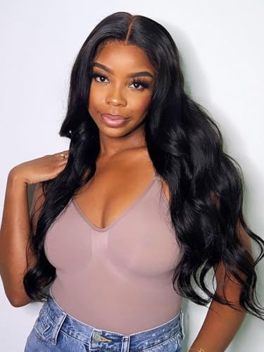 20 Inch Synthetic Lace Front Wig for Black Women - Body Wave, Natural Black, Pre Plucked, Long Straight, Layered, Variation of Natual Black-BW