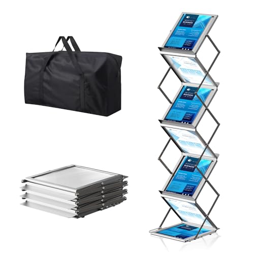 7-Pocket Brochure Display Stand - Adjustable Literature Rack with Carrying Bag - Silver