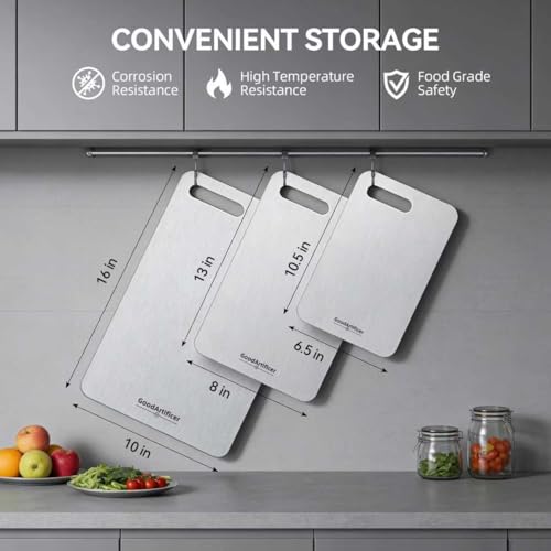 GoodArtificer Titanium Cutting Board Set of 3 - Double-Sided Non-Toxic Kitchen Boards, Silver, 16x10/13x8/10.5x6.5 inches