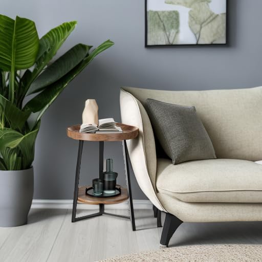 Round End Table with Storage Shelf - Brown 2-Tier Farmhouse Nightstand