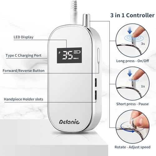 Delanie Electric Nail Drill 35000 RPM, Portable E File for Nails Professional with Belt Clip, Rechargeable Electric Nail File for Acrylic and Gel Nails, Efile Nail Machine with bits kit for Manicure