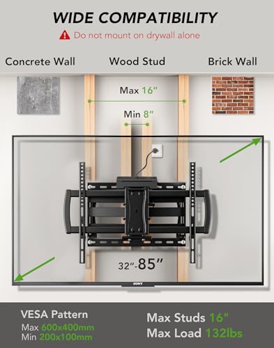 32-85 Inch Full Motion TV Wall Mount with Power Outlet - Dual Articulating Arms, Tilt, Swivel, Extension, Leveling, Fits 8-16 Inch Studs, Max VESA 600x400mm, Holds 132lbs