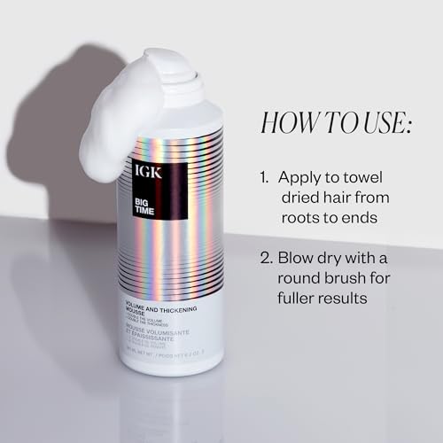 IGK BIG TIME Volume & Thickening Mousse | Moveable + Fullness + Frizz Control | Vegan + Cruelty Free | 6.2 Oz