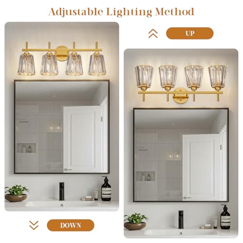 KernLite Gold 4-Light Crystal Bathroom Vanity Light Fixtures Over Mirror - Modern Wall Sconce with Ceramic E26 Base, Up or Down Mount