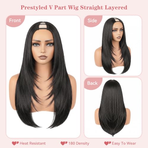 Yaki Straight V Part Wig - 26 Inch, 1B, Glueless Clip-In Half Wig with Layers
