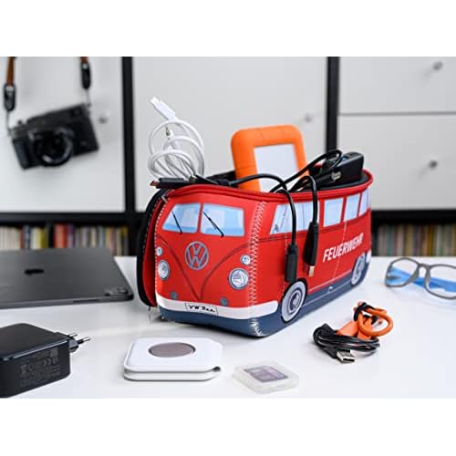 BRISA VW Collection - Volkswagen Neoprene Universal Makeup Cosmetics Toiletry Travel Pharmacy Bag in T1 Bus Design (Firetruck/Red) (Large (11.8 x 5.5 x 4.7 inches))