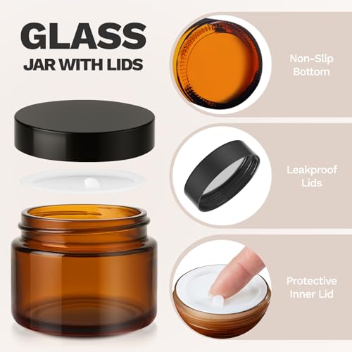 105 Pack Amber Glass Jars with Black Lids & White Labels - 1 oz, UV Protection, Reusable, Ideal for Cosmetics & Storage - Bumobum