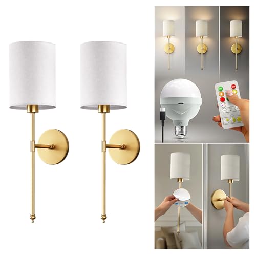 Set of 2 Wireless Wall Sconces with Rechargeable LED Bulbs - Vintage Gold Finish