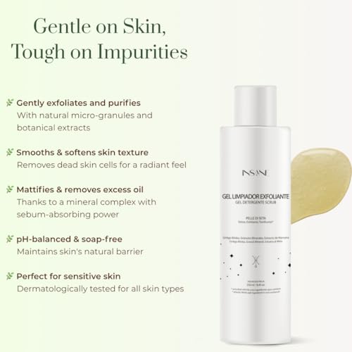 Exfoliating Cleansing Gel with Mineral Granules for Sensitive Skin ? Purifies Pores, Smooths & Refines Skin with Ginkgo Biloba & Red Algae. Dermatologically Tested, Gentle Daily Use