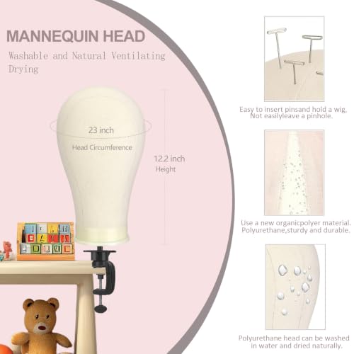 23 Inch Canvas Wig Head Mannequin with Tripod Stand & Accessories for Hair Styling & Display