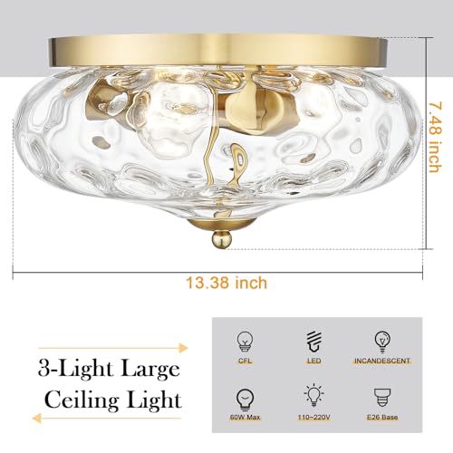 Large Gold Flush Mount Ceiling Light with Water Ripple Glass Shade, 13.38 Inch